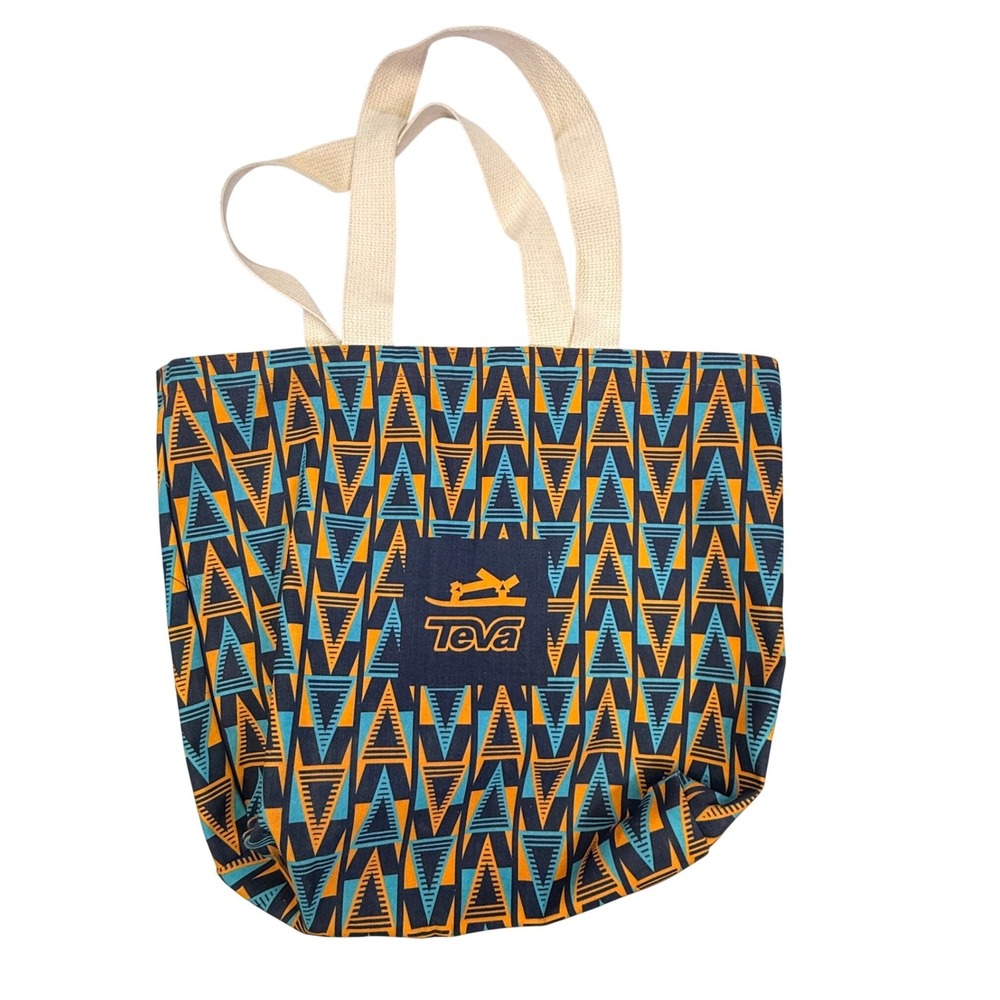 Teva Canvas Tote Bag‎ Geometric Triangle Pattern Navy Orange Teal Shopper